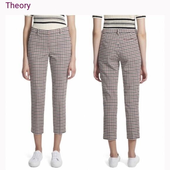 Theory Treeca 2 Deca Wool Blend Preppy Brown Black Plaid Work crop Ankle Pant 6 - Picture 1 of 8